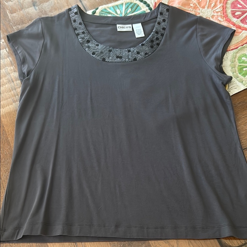 Chico's Charcoal Gray Embellished Boxy Blouse